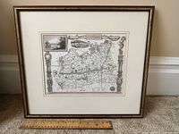 Front view of the framed antique map showing the entire piece with a ruler for scale (14x16 inches).