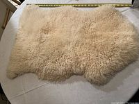 Lamb skin shown spread out on table with measuring tape, showing approximate size and soft fleece surface.