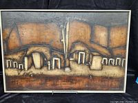 Front view of framed abstract artwork by Joseph Demarais showing the full piece and painted architectural forms and texturing.