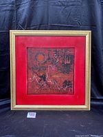 Framed abstract oil painting on board by Dennis Sakelson, signed lower right, with red mat and gold frame.