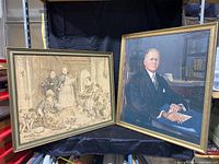 Framed portrait painting of Franklin D. Roosevelt seated at desk, holding paper, with bookshelf and model ship in background.