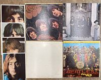 All four Beatles vinyl albums and four individual Beatles member headshot photos from The White Album, laid out together on a surface.