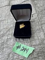Overall photo showing the 10K gold letter F pin inside a small black velvet case on a textured outdoor surface, with a handwritten number '244' on green paper.