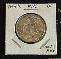 Front side showing the Australian coat of arms with kangaroo and emu, date 1944, and 'Florin' inscription.