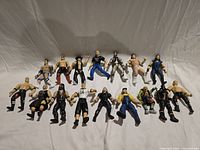 All 17 wrestling action figures laid out on white background