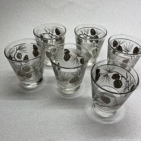 Six vintage scotch glasses arranged on a flat surface, showing frosted pinecone and pine needle designs on the sides of the clear glasses.