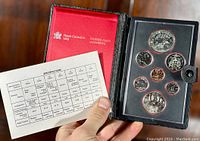 Closed leather folio open to show full coin set and specification card held by hand, highlighting the original packaging and coin arrangement.