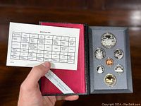 Opened black presentation box with red interior fabric showing 1989 Canadian proof set with 7 coins, including silver dollar featuring Mackenzie River Bicentennial design, and specification certificate.