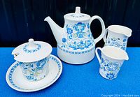 Full set on blue background showing teapot, sugar bowl with lid and plate, creamer, and milk jug with distinctive blue and green character and floral patterns.