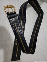 Full length view of black decorative belt showing zipper detail and gold buckle.