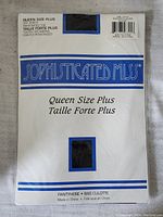 Front packaging of Sophisticated Miss black queen size plus pantyhose with branding and product details.