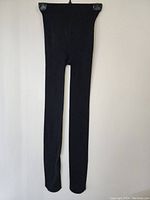 Full length view of black women's tight stockings hung on clip hanger against a white background.