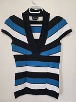 Front view of women's V-neck top with wide horizontal stripes in blue, black, and white with black ribbed trim on collar and sleeves.