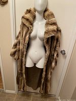 Front view of full-length multicolor fur coat draped over a mannequin showing open styling and collar.