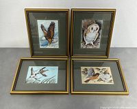 Four framed silk woven bird pictures arranged on floor showing front view of gold and black wooden frames and silk woven bird artworks