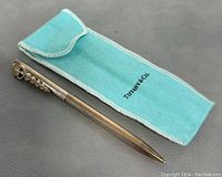 Pen lying alongside soft pouch, showing full length and pouch material color/texture