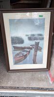 Framed numbered print of three boats tied to a wooden dock post in a misty water landscape, showing entire artwork and frame.