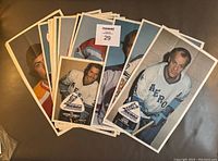 Complete set of 20 OPC WHA hockey insert posters fanned out showing player images including Gordie Howe family and others.