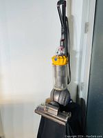 Full front view of Dyson DC66 Ball upright vacuum cleaner showing the unit standing against a wall with visible ball mechanism and dirt bin.