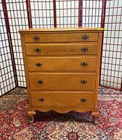 Front view of vintage tiger maple 5 drawer dresser
