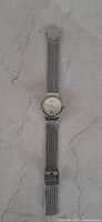 Full length view of the Skagen ladies watch showing silver mesh band and round face.