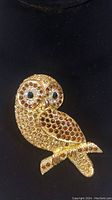 Front angle view of gold-tone owl brooch with varied color rhinestones on black background