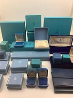 Full assortment of vintage BIRKS jewelry boxes, various sizes and types arranged together showing colors and interior linings.