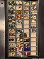 Full view of the organizing tray filled with multiple pairs of vintage costume jewelry earrings including various materials and colors.