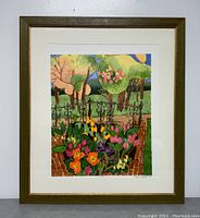 Full view of framed art print in gold-tone wood frame with white mat