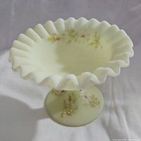 Side view of vintage Fenton uranium glass pedestal dish showing ruffled rim and floral details on the inside and base.