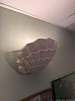 White plaster seashell-shaped clamshell sconce mounted on a wall, shown in profile with visible shadow and details of the ridged shell design.