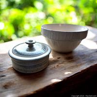 Two stoneware pottery pieces: lidded crock and bowl, sitting on wooden surface with greenery background.