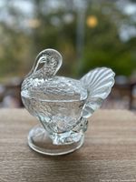 Front angled view of the clear glass lidded dish shaped like a turkey showing detailed molded feather texture