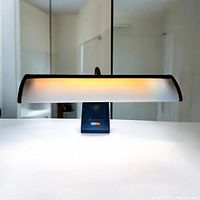 Front view of the vintage LMAR gooseneck portable desk lamp switched on, showing the long frosted diffuser shade glowing with warm light and the dark base with switch.