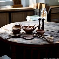 Full set displayed on wooden table showing large salad bowl, small bowls, wooden utensils, and salt and pepper mills together