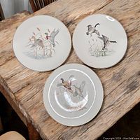 Set of three wildlife plates displaying geese, pheasants, and ducks on a wooden surface