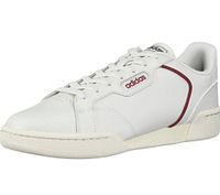 Side angled view of Adidas Roguera men's shoe in white with red outlining and Adidas branding on the side and tongue, size 13.