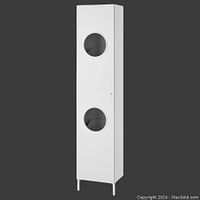 Front view of white IKEA NYSJÖN laundry cabinet showing two circular openings and no legs attached.