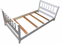 Full view of twin white solid wood sleigh bed frame showing headboard, footboard, side rails and cedar slats