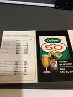 Photo showing a vintage hockey series scorecard with game results and Labatt 50 Ale advertisement on the back
