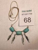 Full view of the necklace showing the three turquoise cabochons and feather dangles on snake chain.