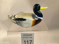 Side view of the vintage Murano glass mallard duck paperweight, displaying the detailed coloration and craftsmanship.
