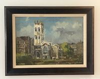 Full view of framed oil painting showing post-war London scene with ruined church and buildings