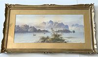 Full view of framed watercolour landscape painting showing frame condition and overall artwork.