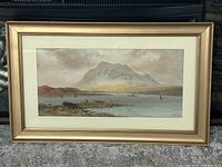 Full front view of framed watercolour showing painting, mat, and gold-tone frame placed on carpeted floor.