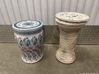 Two decorative garden stools with different designs and colors shown side by side.