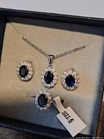 Close-up of new necklace, earrings, and ring set with oval blue stones surrounded by clear stones in silver-tone metal, shown in a box.