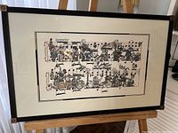 Front view of framed signed limited edition serigraph print depicting whimsical musical score with cartoon figures
