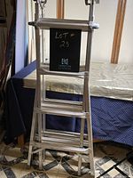 Front view of folded ladder showing rungs and hinge assembly