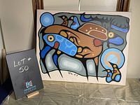 Full front view of the canvas painting by Maurice Delangis showing the detailed Woodland style art in blue, brown, black, grey.